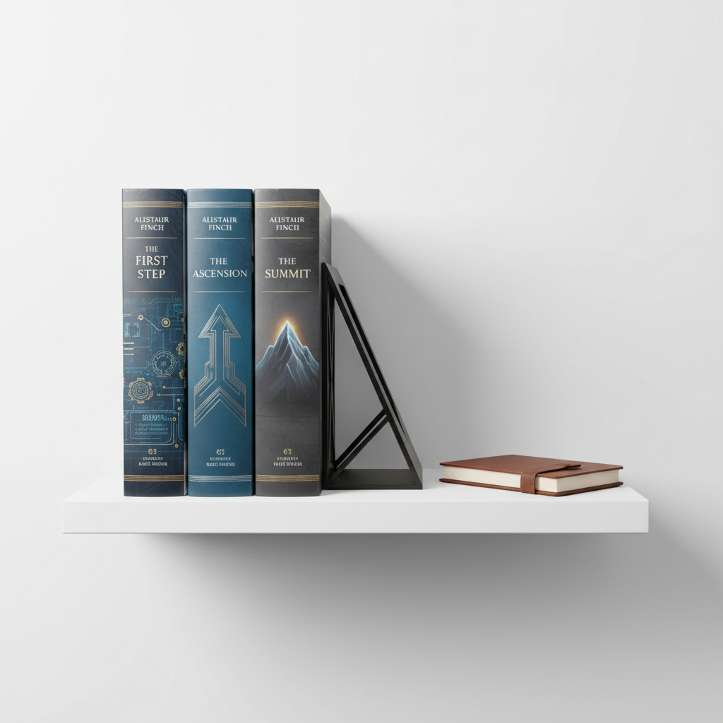 A carefully arranged trio of “Legacy Program Series” books standing upright on a minimalist white shelf, each with distinct but related cover designs in deep blues, charcoal grays, and muted metallic accents. The spines align perfectly, their titles and the author name clearly legible in refined serif typography. Beside them, a single geometric metal bookend and a small, closed leather notebook add subtle texture without clutter. Clean studio lighting from above and to the left creates precise reflections on the glossy cover finishes and defined yet soft-edged shadows. Shot straight-on in photographic realism with sharp focus throughout, the composition feels balanced, modern, and highly professional, ideal for showcasing the full series on a portfolio site.