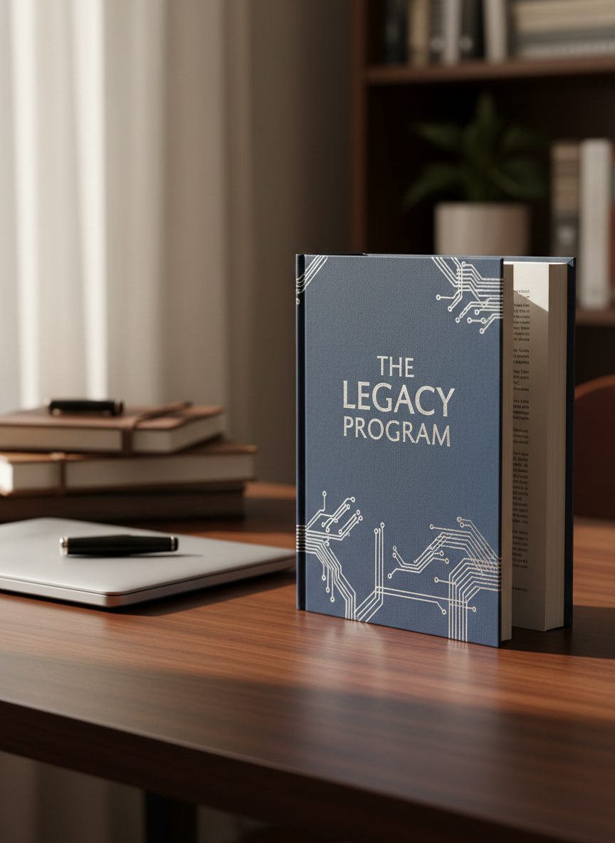A hardback novel titled “The Legacy Program” resting on a dark walnut writer’s desk, its matte navy dust jacket featuring a subtle, abstract circuit motif in silver foil. The book is slightly open, revealing cream-colored pages with crisp black type. Around it, neatly stacked notebooks, a capped fountain pen, and a closed laptop hint at an organized author’s workspace. Soft afternoon daylight filters through an unseen window, creating gentle highlights along the book’s spine and casting clean, professional shadows. Photographic realism at eye level, with the book placed on the rule of thirds and a shallow depth of field that blurs the background into warm, neutral tones, conveying a focused, sophisticated atmosphere ideal for an author’s portfolio homepage.
